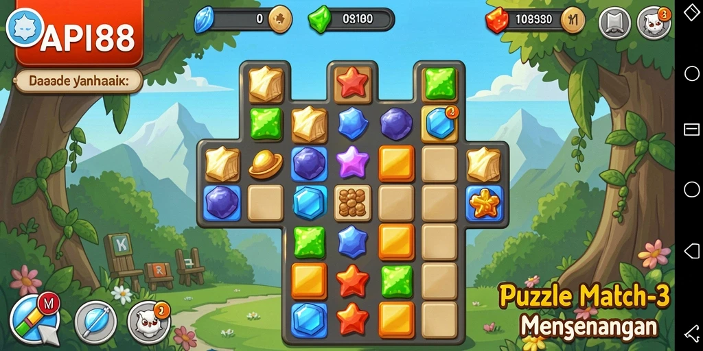 Tangkapan layar menunjukkan gameplay Match-3 yang seru dan berwarna-warni.