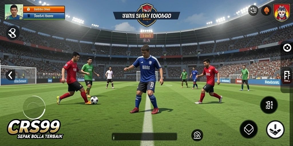 Tangkapan layar utama CRS99 menampilkan aksi seru dalam pertandingan sepak bola.