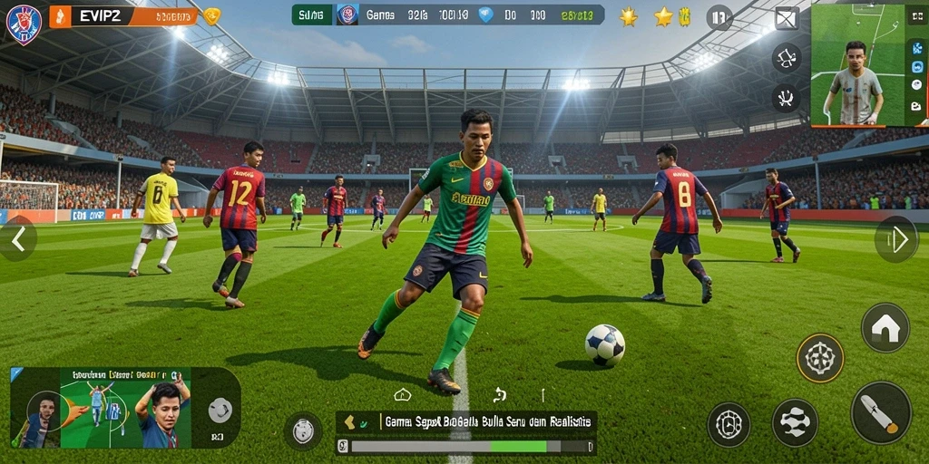 Screenshot gameplay EVIP2 yang mengesankan saat pertandingan sepak bola.