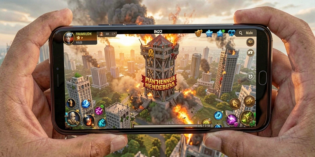 Tangkapan layar IN22 menunjukkan pertarungan menegangkan di lapangan Tower Defense.