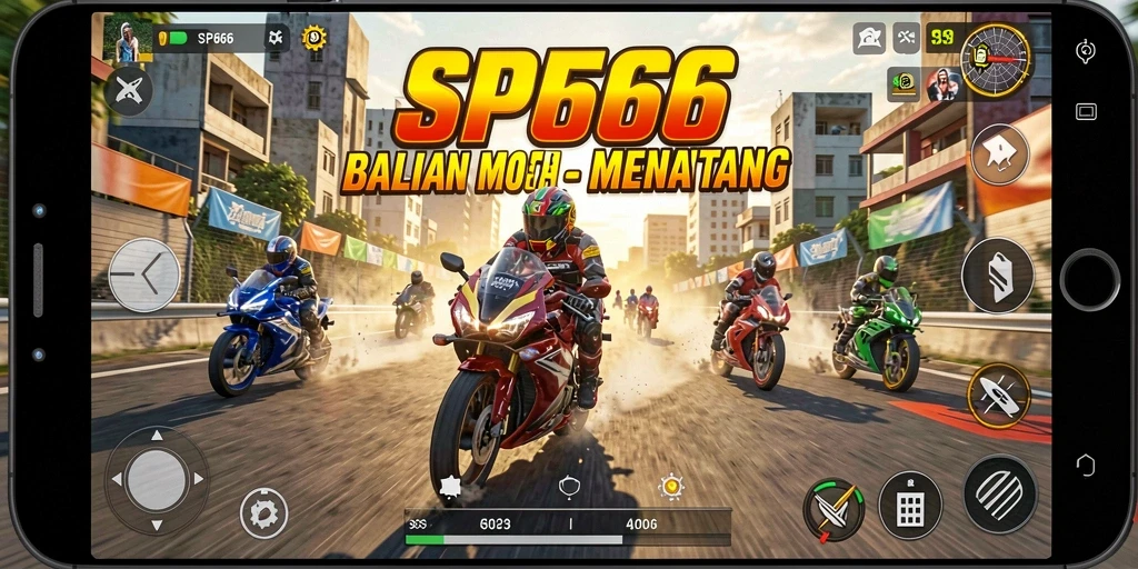 Screenshot SP666 menampilkan aksi balapan motor yang intens.